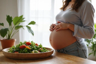 A pregnant woman eating a healthy salad with a serene expression