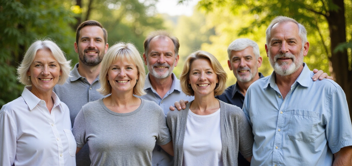 A diverse group of smiling, healthy individuals in a natural, bright setting, conveying happiness and well-being.